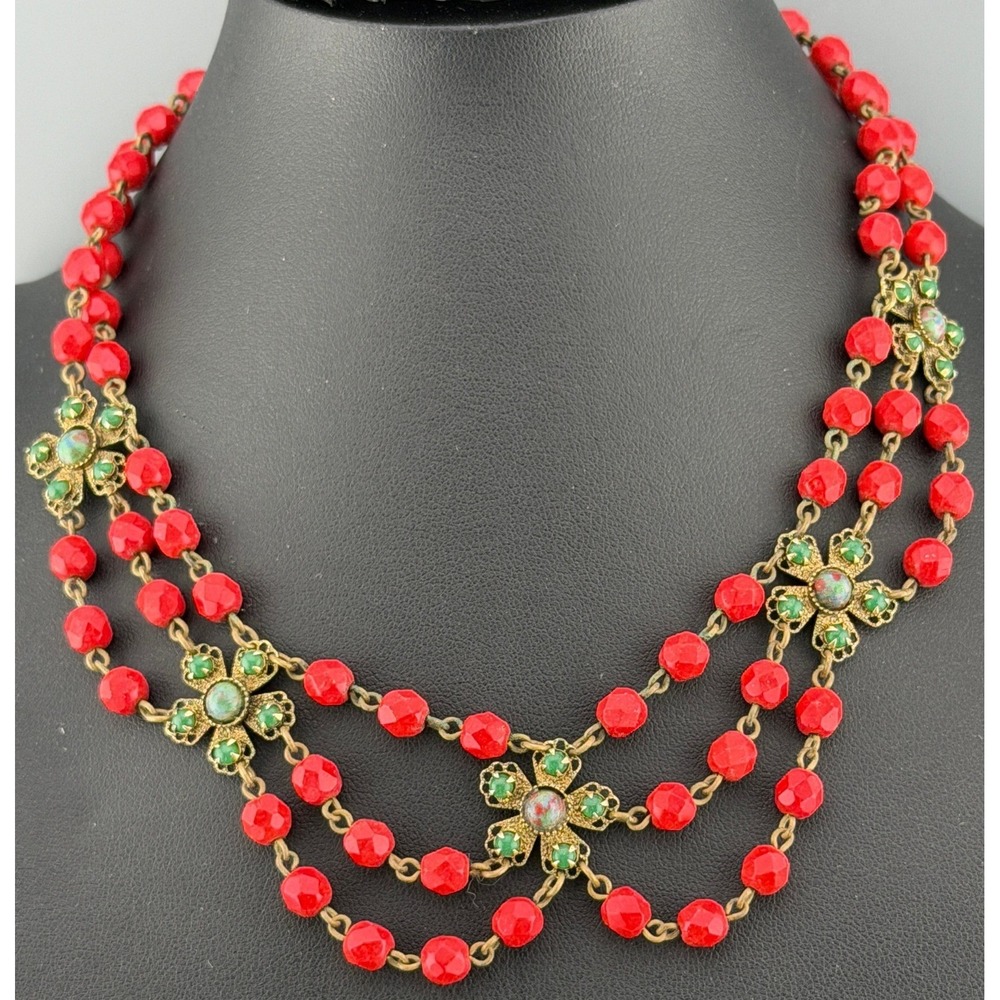 Vintage Freirich Necklace Triple Scalloped Red Faceted Glass Beads Green Flowers